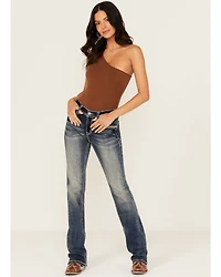 Grace LA Women's Medium Wash Wing Embroidered Mid Rise Bootcut Stretch Denim Jeans