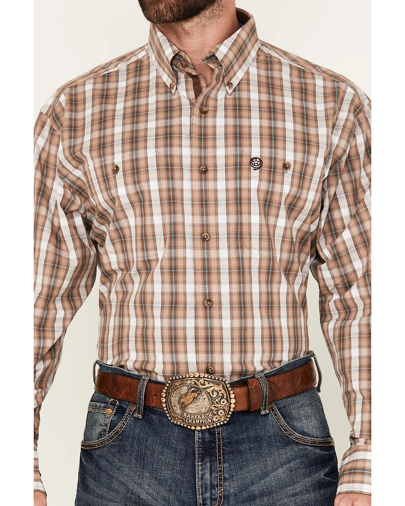 George Strait by Wrangler Men's Plaid Print Long Sleeve Button-Down Stretch Western Shirt