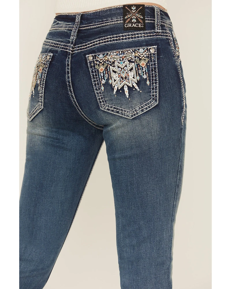 Grace LA Women's Medium Wash Geo Print Embroidered Bootcut Stretch Denim Jeans