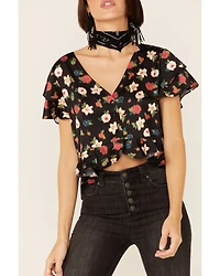 Beyond The Radar Women's Floral Satin Button Front Blouse
