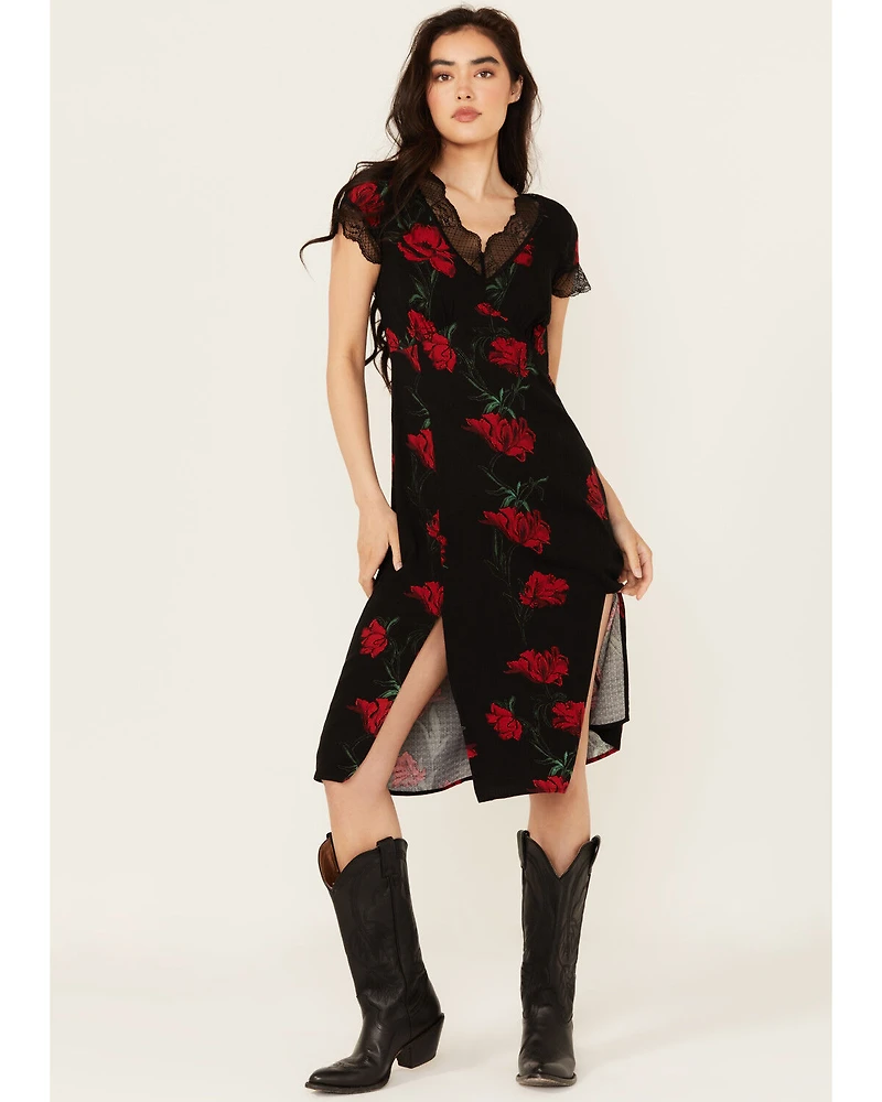 Idyllwind Women's Rosely Floral Print Lace Trim Midi Dress