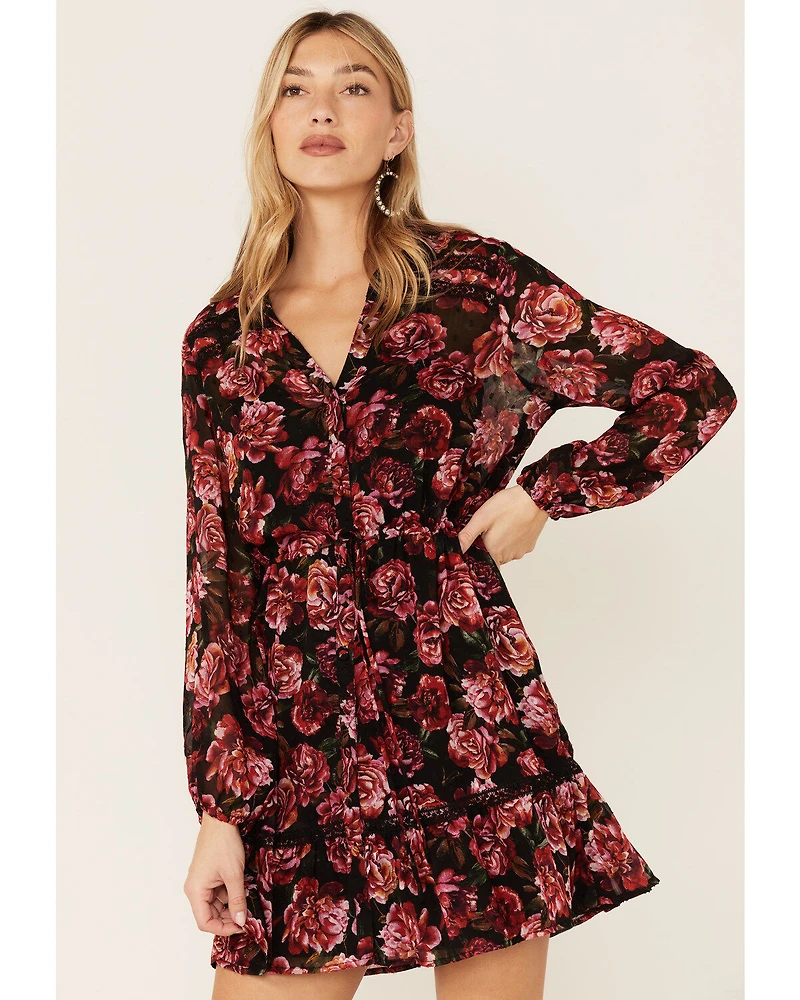 Lovestitch Women's Magenta Floral Lace Trim Mini Dress
