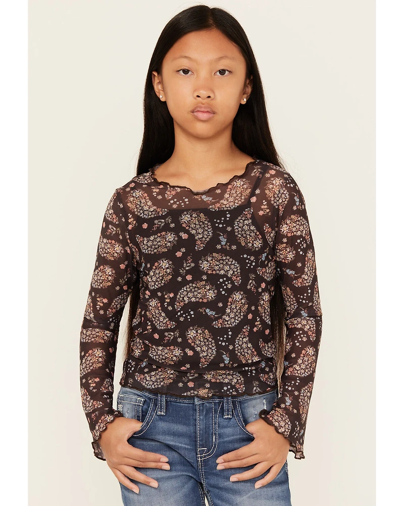 Trixxi Girls' Paisley Print Long Sleeve Mesh Top