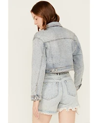 Vibrant Denim Women's Light Wash Rhinestone Cropped Trucker Jacket