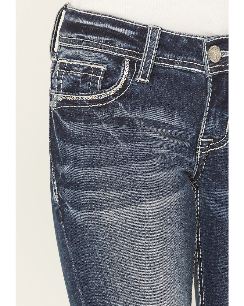 Grace LA Girls' Dark Wash Dreamcatcher Pocket Bootcut Stretch Denim Jeans