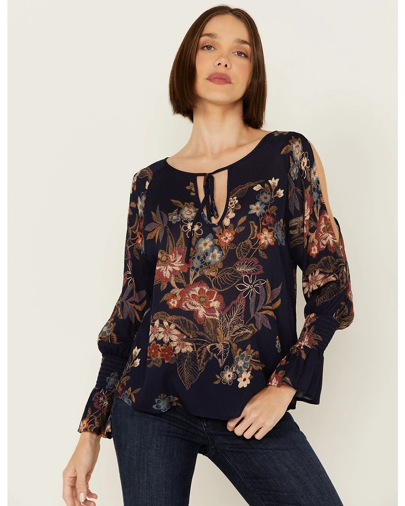Wild Moss Women's Floral Printed Cold Shoulder Top
