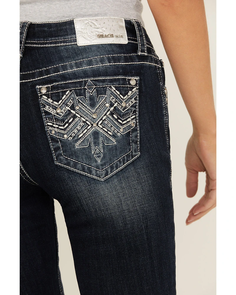 Grace LA Women's Dark Wash Mid Rise Geo Pocket Bootcut Stretch Denim Jeans