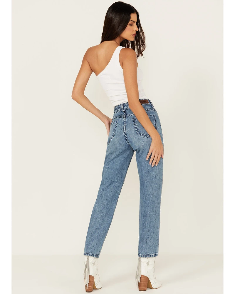 Rock & Roll Denim Women's Medium Wash High Rise Rhinestone Cropped Straight Jeans