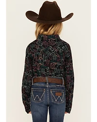 Wrangler Girls' Boot Print Long Sleeve Snap Western Shirt