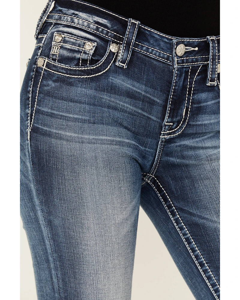 Miss Me Women's Dark Wash Mid Rise Fleur de Lis 34" Bootcut Stretch Denim Jeans