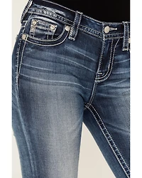 Miss Me Women's Dark Wash Mid Rise Fleur de Lis 34" Bootcut Stretch Denim Jeans