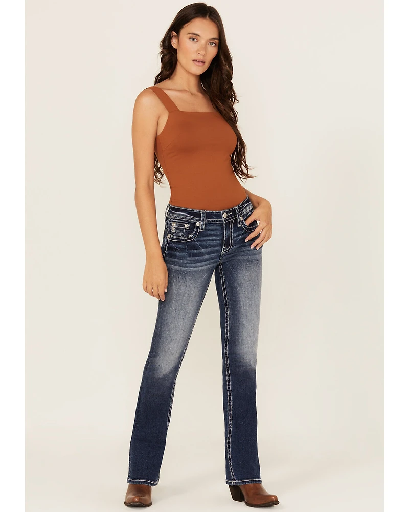 Miss Me Women's Dark Wash Mid Rise Agate Pocket 32" Bootcut Stretch Denim Jeans