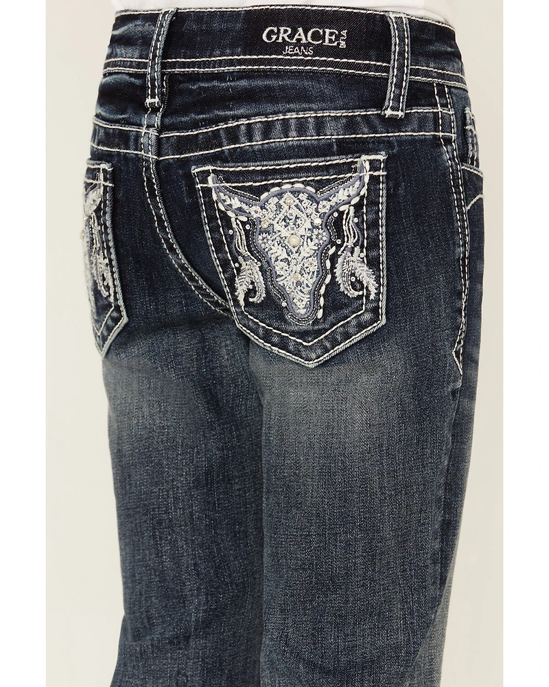Grace LA Girls' Medium Wash Longhorn Skull Stretch Bootcut Jeans