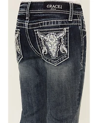 Grace LA Girls' Medium Wash Longhorn Skull Stretch Bootcut Jeans