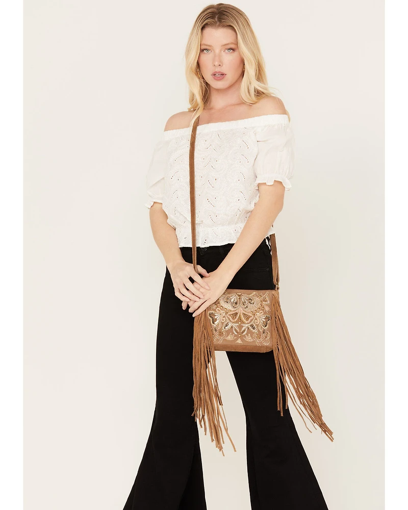 Shyanne Women's Light Brown Velvet Embroidered Crossbody Bag