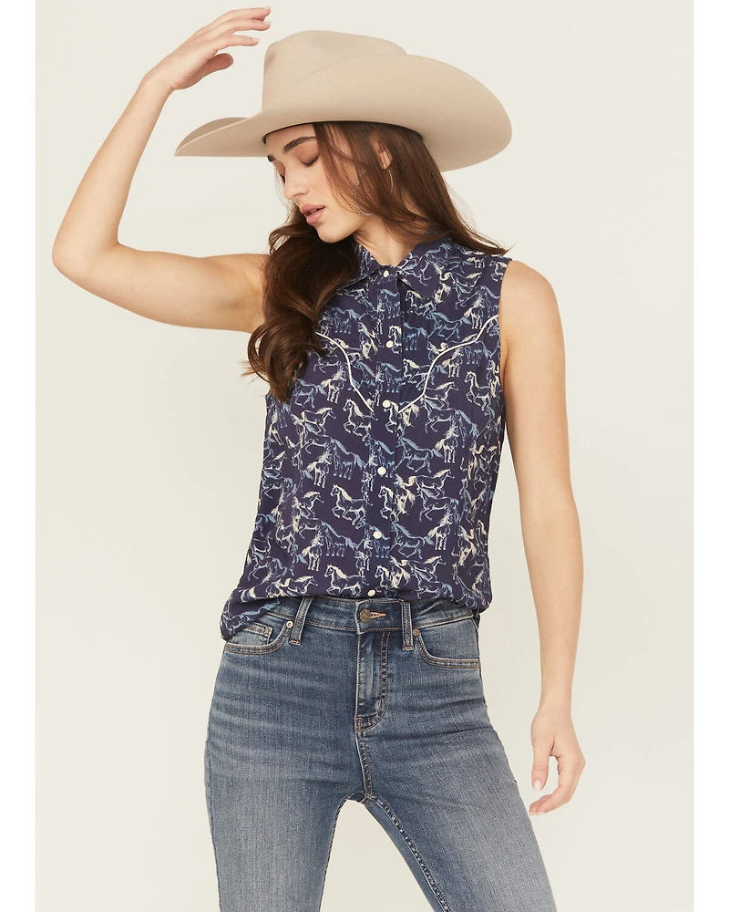 Rock & Roll Denim Women's Running Horses Sleeveless Snap Western Shirt