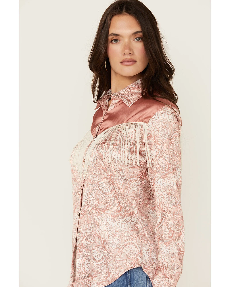 Scully Women's Paisley Print Fringe Long Sleeve Snap Western Shirt