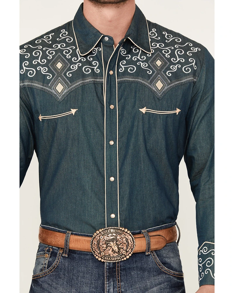 Scully Men's Denim Scroll Embroidered Long Sleeve Pearl Snap Western Shirt