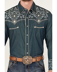 Scully Men's Denim Scroll Embroidered Long Sleeve Pearl Snap Western Shirt