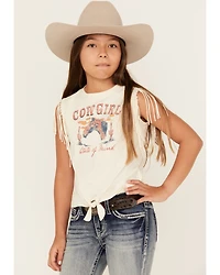 Shyanne Girls' Cowgirl State Fringe Sleeve Tie-Front Tee