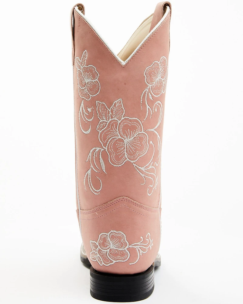 Shyanne Girls' Little Lasy Floral Embroidered Leather Western Boots - Broad Square Toe