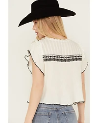 Free People Women's Ribbed Short Sleeve Embroidered Shirt