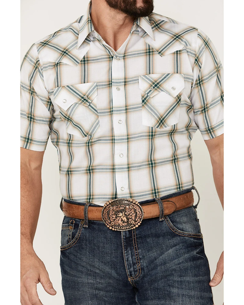 Ely Walker Men's Plaid Print Short Sleeve Pearl Snap Western Shirt