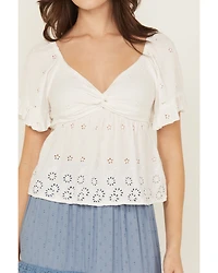 Angie Women's Eyelet Short Puff Sleeve Shirt