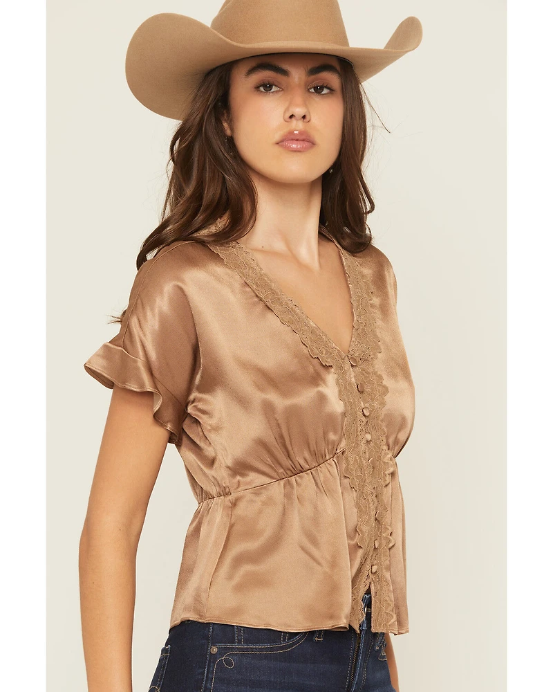 Shyanne Women's Satin Lace Trim Short Sleeve Button-Down Shirt