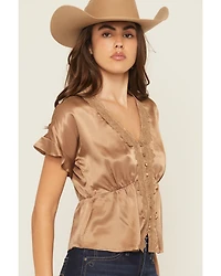 Shyanne Women's Satin Lace Trim Short Sleeve Button-Down Shirt