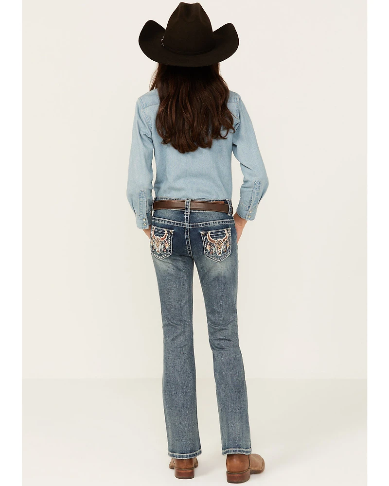 Shyanne Girls' Cowhide Steer Head Light Wash Faded Stretch Bootcut Jeans