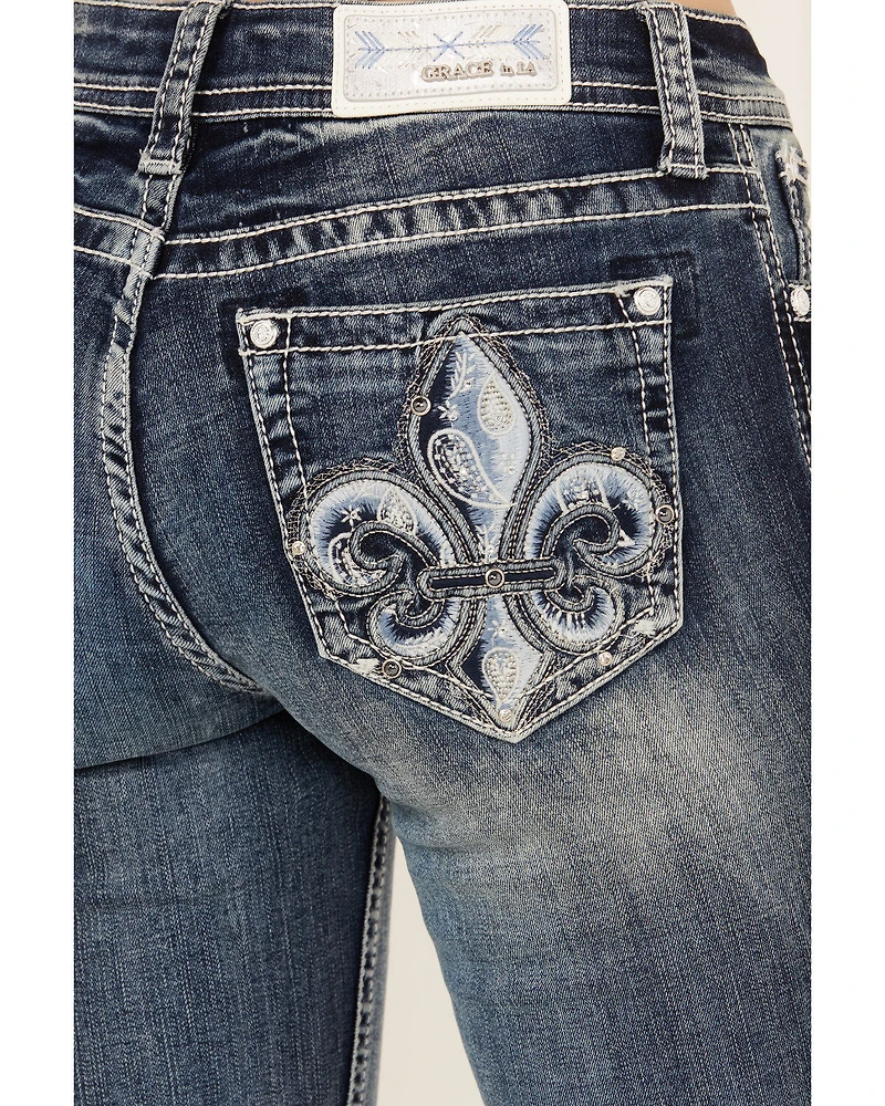 Grace LA Women's Fleur De Lis Embroidered Pocket Bootcut Stretch Denim Jeans