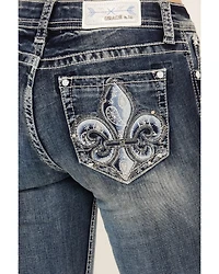 Grace LA Women's Fleur De Lis Embroidered Pocket Bootcut Stretch Denim Jeans