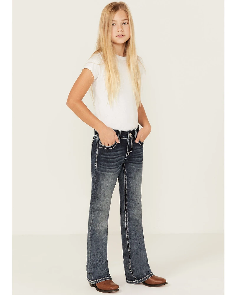 Grace LA Girls' Medium Wash Longhorn Skull Stretch Bootcut Jeans