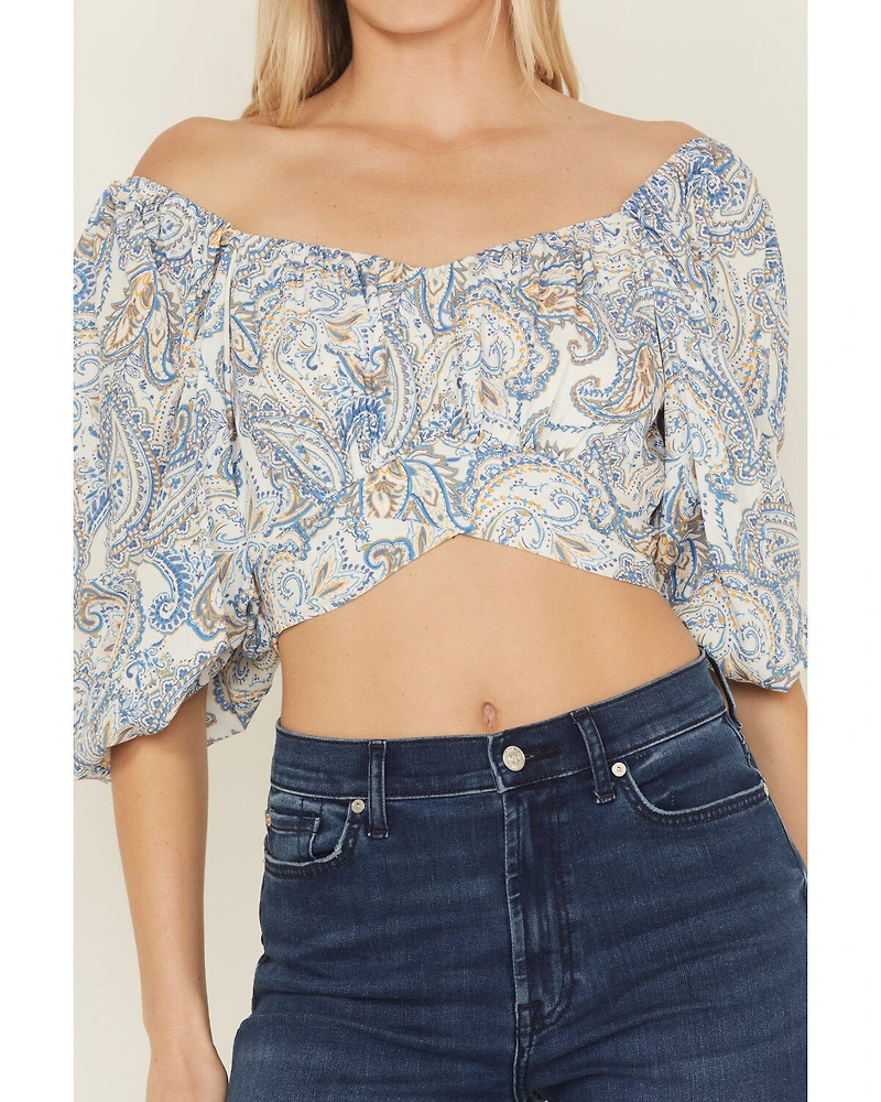 Beyond The Radar Women's Paisley Print Long Sleeve Tie-Back Top