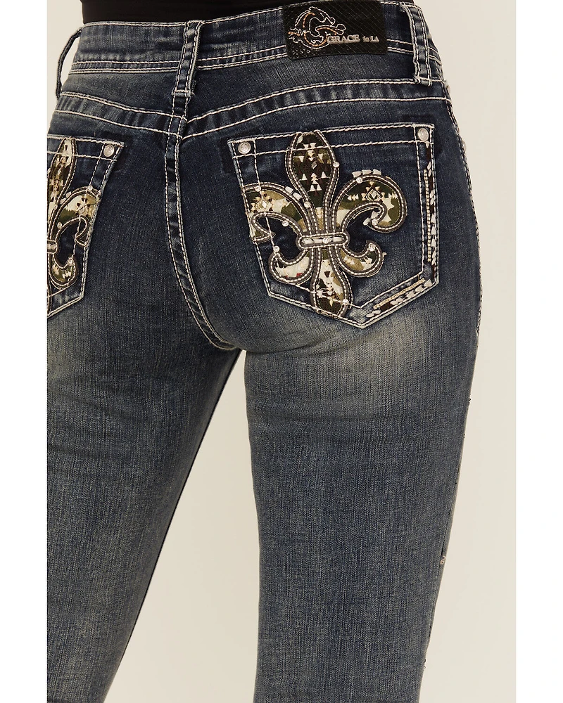 Grace LA Women's Medium Wash Camo Fleur De Lis Embroidered Mid Rise Bootcut Stretch Denim Jeans