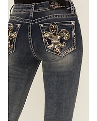 Grace LA Women's Medium Wash Camo Fleur De Lis Embroidered Mid Rise Bootcut Stretch Denim Jeans