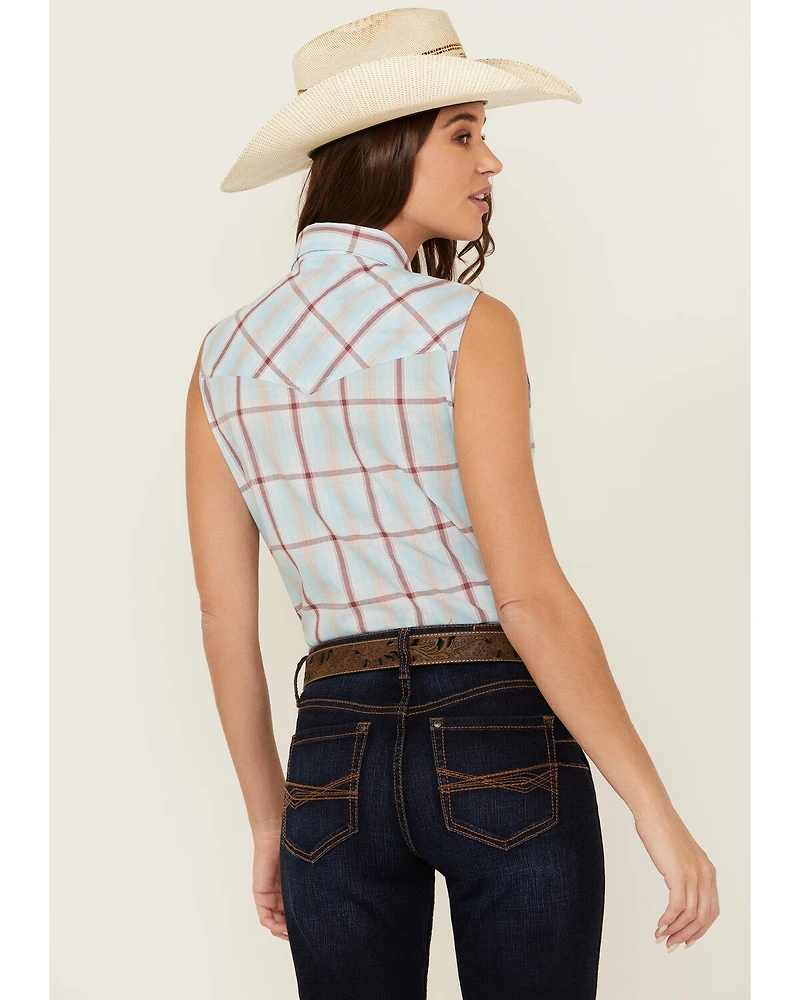 Ely Walker Women's Plaid Print Sleeveless Pearl Snap Western Shirt