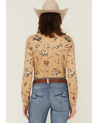 Shyanne Women's Conversational Western Print Faux Suede Long Sleeve Button-Down Shirt