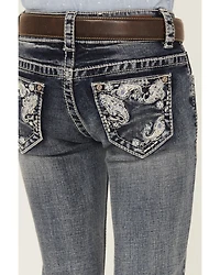 Shyanne Little Girls' Medium Wash Faded Paisley Pocket Stretch Bootcut Jeans
