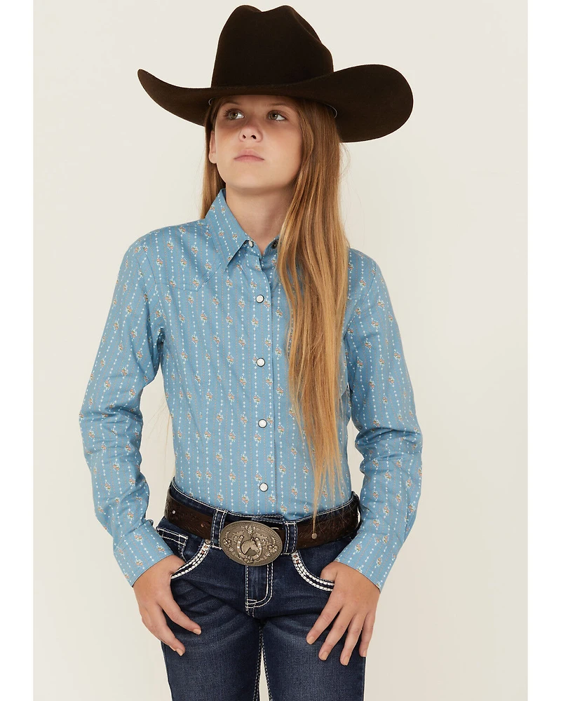 Cruel Girl Girls' Floral Striped Long Sleeve Snap Western Shirt
