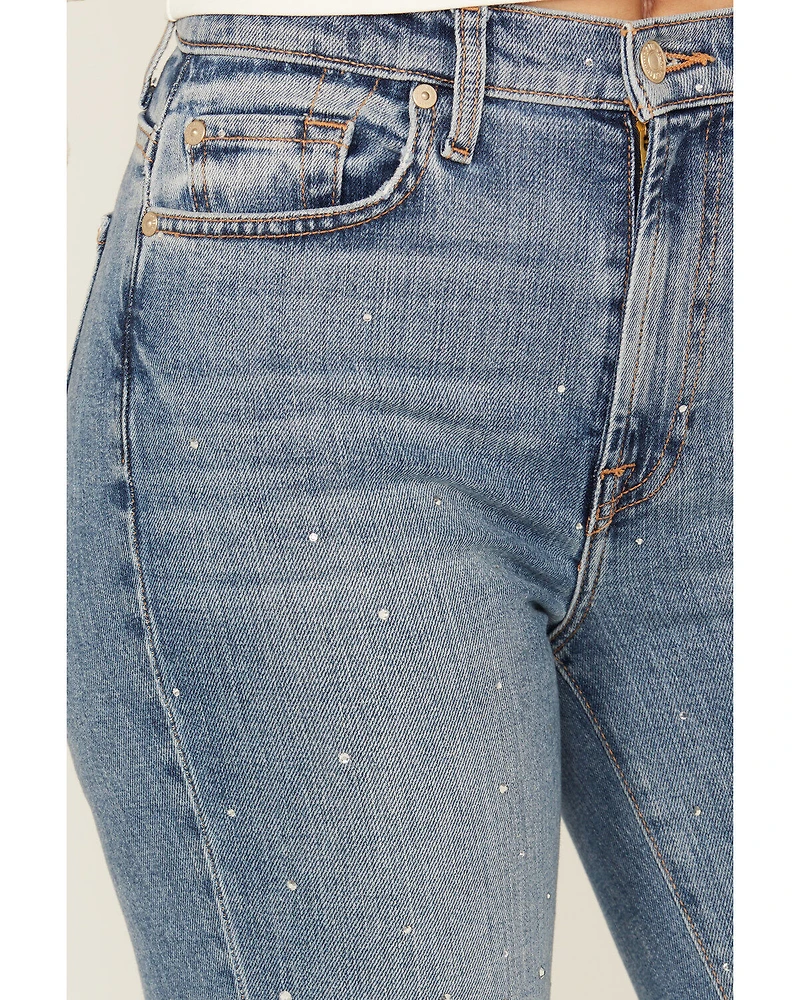 7 For All Mankind Women's Medium Wash Logan Stovepipe High Rise Crystal Cropped Stretch Straight Jeans