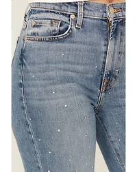 7 For All Mankind Women's Medium Wash Logan Stovepipe High Rise Crystal Cropped Stretch Straight Jeans