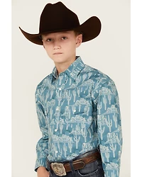 Rock & Roll Denim Boys' Cactus Print Long Sleeve Pearl Snap Stretch Western Shirt