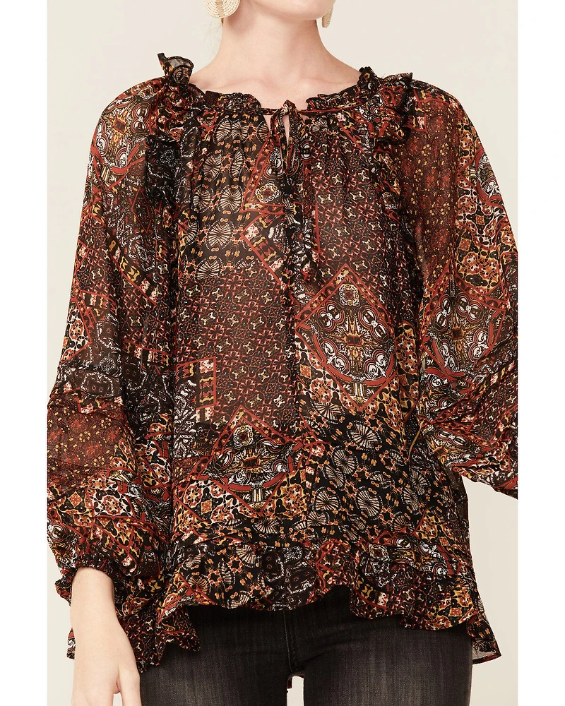 Miss Me Women's Boho Paisley Peasant Top