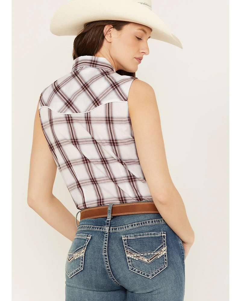 Ely Walker Women's Sleeveless Plaid Print Western Pearl Snap Shirt