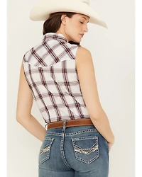 Ely Walker Women's Sleeveless Plaid Print Western Pearl Snap Shirt