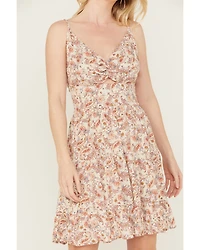 Wild Moss Women's Floral Print Front Knot Mini Dress