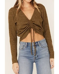 Wild Moss Women's Olive Ribbed Lurex Cinch Front Knit Top