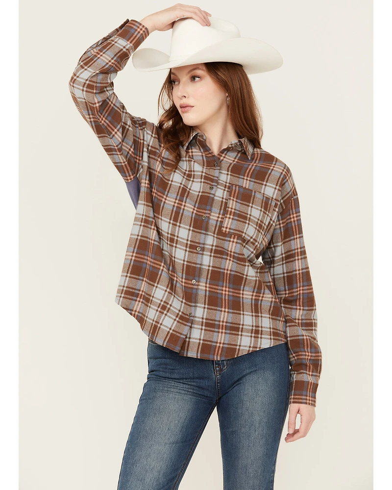 Cleo + Wolf Women's Mixed Media Plaid Print Button-Down Graphic Flannel Shirt